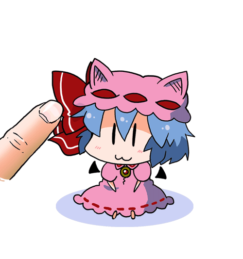 :3 =_= animal_ears animated animated_gif bat_wings blue_hair bow brooch cat_ears chibi commentary detached_wings dress ear_wiggle fang flapping hat hat_bow hat_ribbon hat_with_ears head_rub hypnotic jewelry mini_wings minigirl noai_nioshi open_mouth petting pink_dress remilia_scarlet ribbon simple_background sitting solo_focus sparkle touhou translated white_background wings |_|