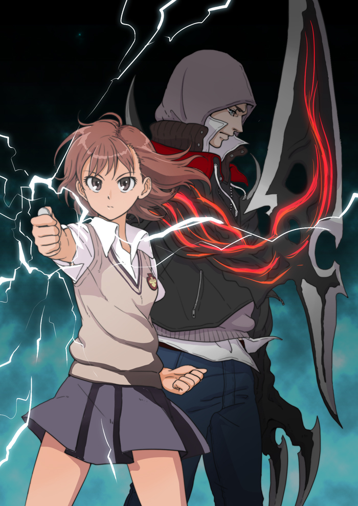 1girl akmt alex_mercer armpit_peek bad_id bad_pixiv_id biribiri blade brown_eyes brown_hair claws clenched_hand coin crossover electricity holding hood hooded_jacket hoodie jacket misaka_mikoto neon_trim pants prototype_(game) school_uniform short_hair simple_background skirt sweater_vest to_aru_majutsu_no_index