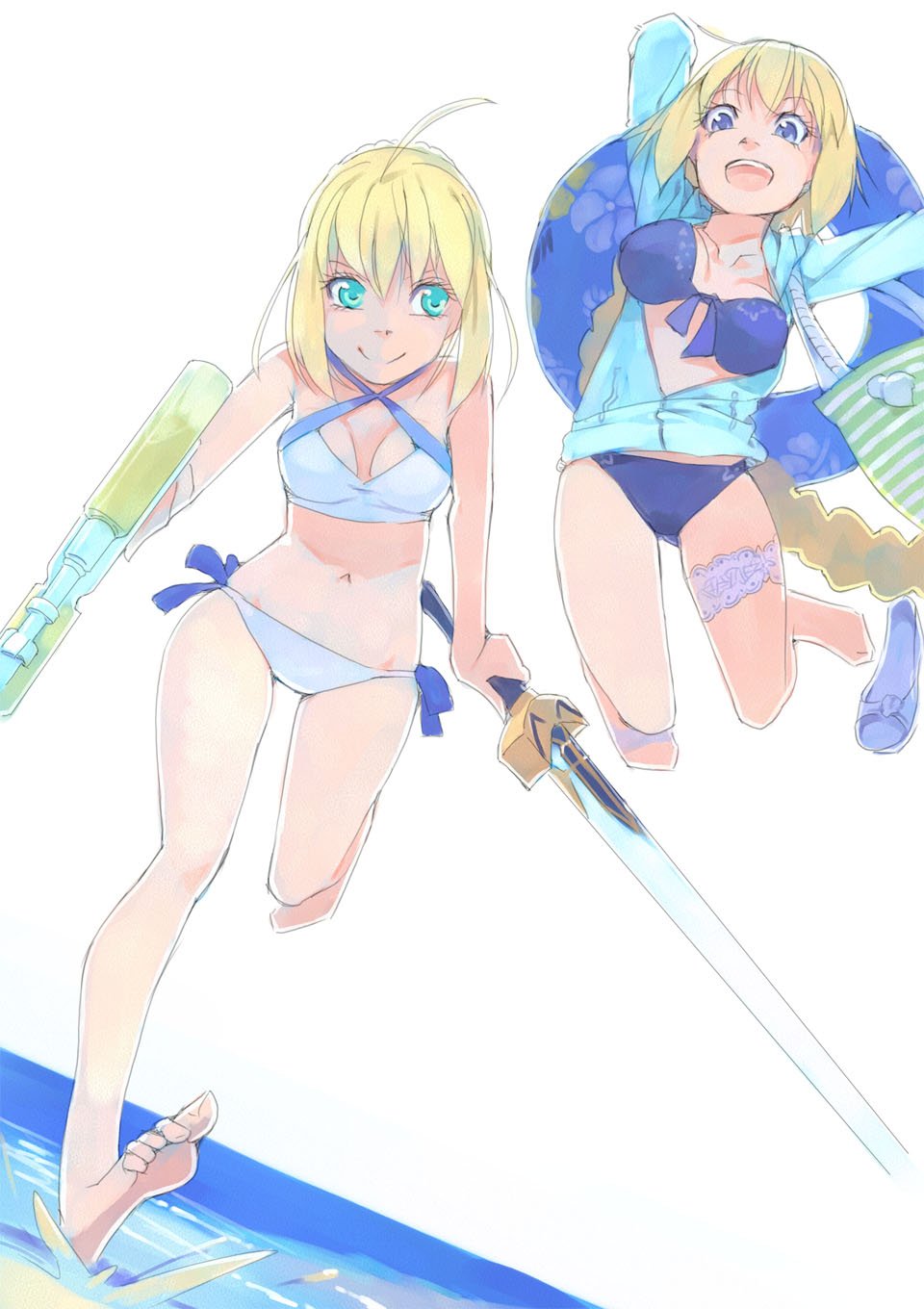 :d ahoge akinbo_(hyouka_fuyou) aqua_eyes arms_up artoria_pendragon_(all) artoria_pendragon_(swimsuit_archer) barefoot bikini blonde_hair blue_bikini blue_eyes blue_jacket bouncing_breasts braid braided_bun braided_ponytail breasts cleavage collarbone dutch_angle excalibur fate/grand_order fate_(series) gun halterneck hibiscus_print highres holding holding_gun holding_sword holding_weapon innertube jacket jeanne_d'arc_(fate)_(all) jeanne_d'arc_(swimsuit_archer) jeanne_d'arc_(fate) jeanne_d'arc_(fate)_(all) jeanne_d'arc_(swimsuit_archer) leg_up long_hair long_sleeves looking_to_the_side medium_breasts multiple_girls ocean open_clothes open_jacket open_mouth short_hair simple_background single_braid sketch smile soles swimsuit sword thigh_strap very_long_hair water_gun weapon white_background white_bikini