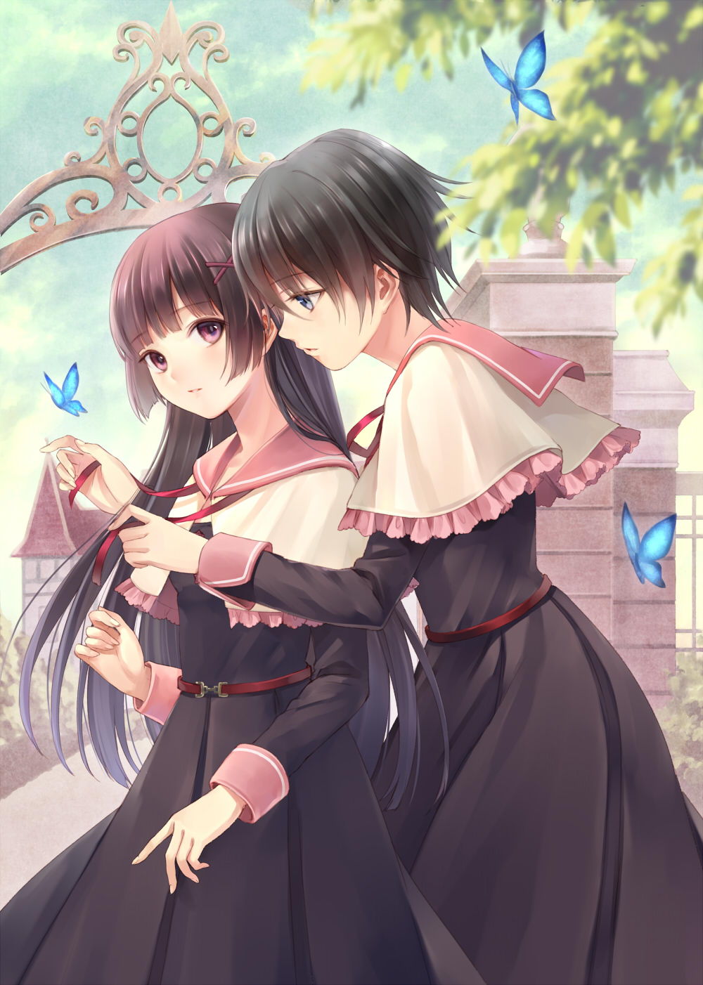 arch belt black_hair blurry bug butterfly capelet couple depth_of_field fence fukahire_(ruinon) highres insect long_hair looking_back multiple_girls original parted_lips profile purple_eyes ribbon school_uniform short_hair tree untying very_long_hair yuri