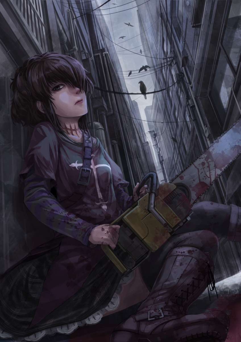 bird black_hair black_lagoon blood boots chainsaw crow dress hair_over_one_eye highres lace lif looking_at_viewer sawyer_the_cleaner scar short_hair sitting thighhighs