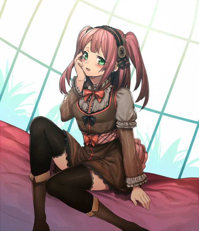 bad_id bad_pixiv_id black_legwear blush boots bow erubo frills green_eyes hand_on_own_cheek long_hair long_sleeves open_mouth original puffy_sleeves red_hair sitting solo thighhighs two_side_up