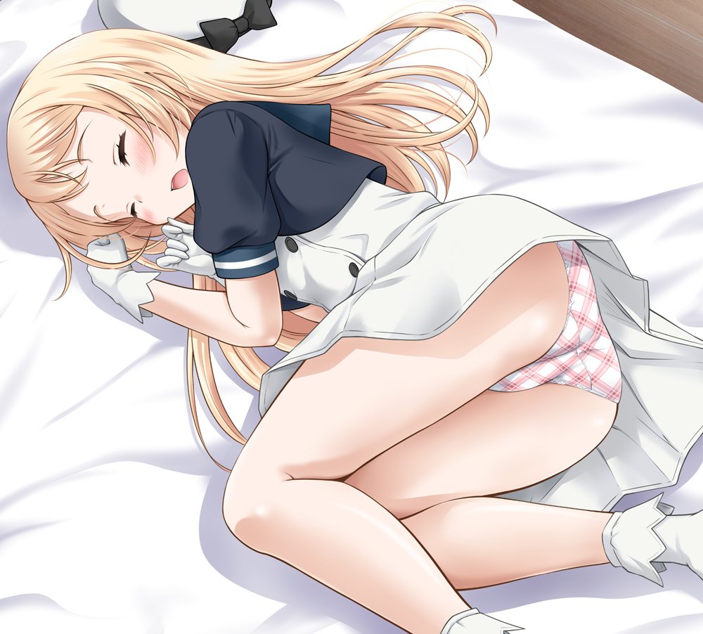 1girl ass bangs bare_legs bed beret black_bow black_jacket blonde_hair blue_sailor_collar blush bow buttons commentary_request cropped_jacket double-breasted dress eyelashes eyes_closed gloves hat hat_bow hat_removed headwear_removed indoors jacket jervis_(kantai_collection) kantai_collection long_hair lying neko_danshaku on_bed on_side open_clothes open_jacket open_mouth panties plaid plaid_panties sailor_collar shadow shoes short_sleeves sidelocks sleeping solo thighs underwear upper_teeth white_dress white_footwear white_gloves white_hat white_panties wooden_floor