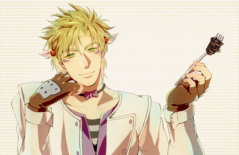 bad_id bad_pixiv_id blonde_hair bow bowtie caesar_anthonio_zeppeli facial_mark fingerless_gloves food fork gloves jojo_no_kimyou_na_bouken looking_at_viewer male_focus pasta solo spaghetti uo_(687413)