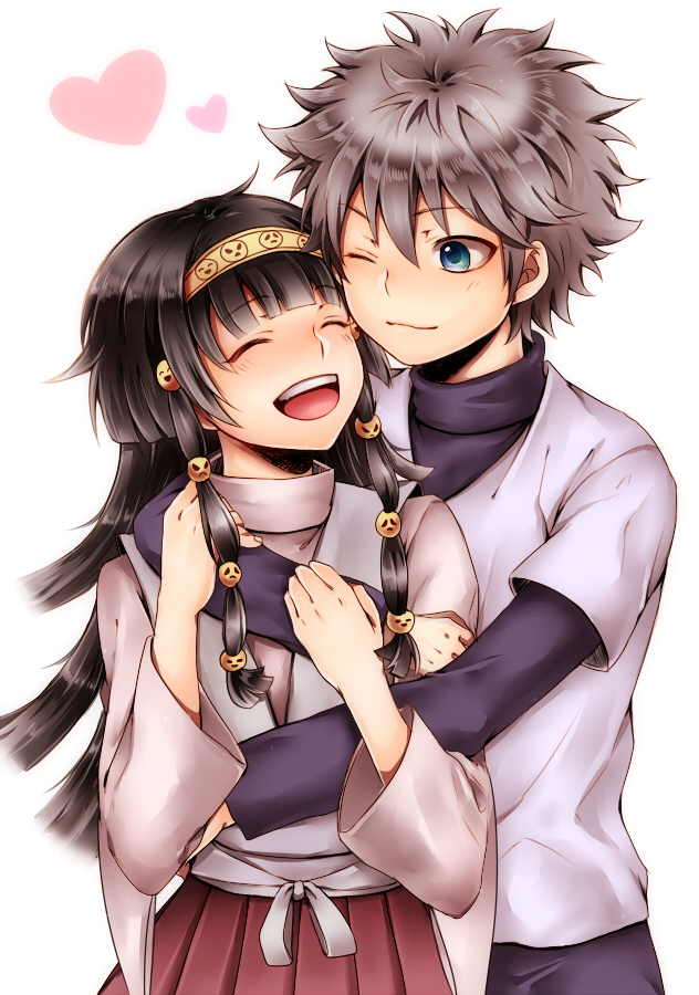 2boys alluka_zoldyck amm0916 androgynous black_hair blue_eyes blush brothers hair_ornament hairband hug hug_from_behind hunter_x_hunter japanese_clothes killua_zoldyck long_hair male multiple_boys open_mouth short_hair siblings simple_background smile standing trap white_background white_hair wink