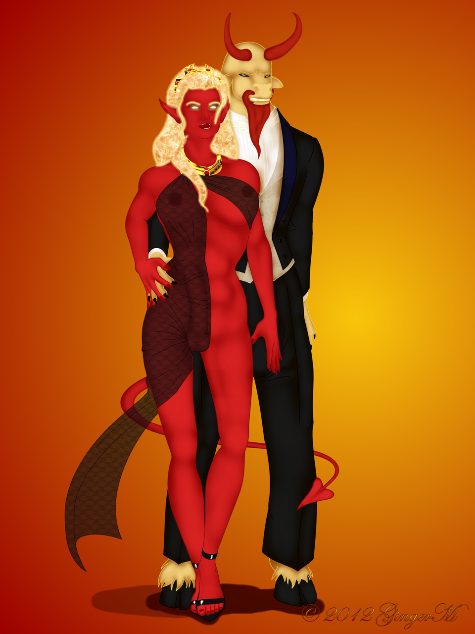 anthro beard bovine bulge clothed clothing cloven_hooves couple demon dickgirl dress duo eveningwear facial_hair fetlocks formal gentlemanplayer gingerm glowing intersex male mammal minotaur orange_background plain_background pointy_ears red_facial_hair red_horns red_lips red_skin revealing samael_tempestade samael_tempestade_(gentlemanplayer) skimpy spade_tail succubus suit tuxedo vpl watamaraka watamaraka_(gentlemanplayer)