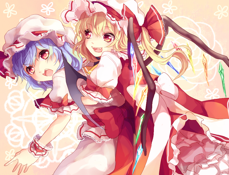 ascot ayarin103 bat_wings blonde_hair blue_hair dress fang flandre_scarlet hat hat_ribbon hug hug_from_behind mob_cap multiple_girls open_mouth pink_dress puffy_sleeves red_dress red_eyes remilia_scarlet ribbon sash short_sleeves siblings side_ponytail sisters touhou wings wrist_cuffs