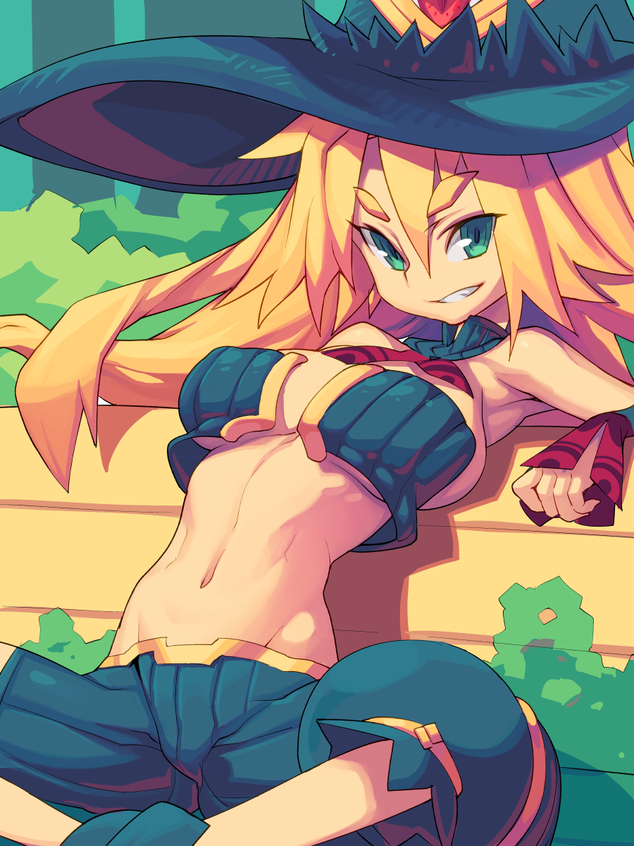 abs armpits bad_id bad_pixiv_id baggy_pants bandeau bangs bare_shoulders bench blonde_hair bra breasts bridgeless_bra bush butterfly_sitting covered_nipples detached_collar eyebrows fingernails green_eyes grin hair_between_eyes hat highres large_breasts leaning_back long_fingernails long_hair looking_at_viewer majo_to_hyakkihei metallica_(majo_to_hyakkihei) metata midriff nature navel necktie open_clothes outdoors pants park_bench reclining shadow shoes sideboob sleeves_past_wrists smile solo spread_legs strapless strapless_bra thick_eyebrows tubetop turtleneck underboob underwear witch witch_hat wrist_cuffs