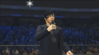 animated animated_gif big_boss crowd formal glasses indoors kojima_hideo liquid_snake long_hair lowres male_focus metal_gear_(series) metal_gear_solid multiple_boys music naked_snake singing solid_snake stage suit upper_body video_game wrestling_ring wwe