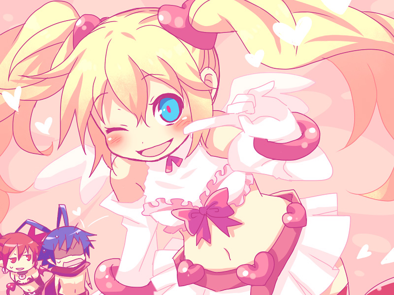 2girls angel_wings antenna_hair blonde_hair blue_eyes blue_hair blush bow demon_tail demon_wings disgaea disgaea_d2 earrings etna flonne heart jewelry laharl long_hair magical_girl multiple_girls navel one_eye_closed open_mouth pink_bow pointy_ears pure_flonne red_eyes red_hair scarf short_hair smile tail tsuyuka_(sunny_spot) twintails v wings