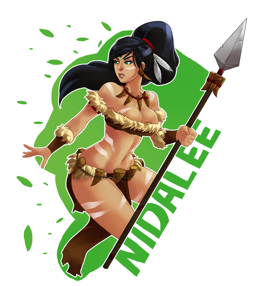 bare_shoulders black_hair bodypaint bracer breasts character_name cleavage dark_skin earrings facial_mark forehead_mark fur_trim green_eyes greenmarine jewelry large_breasts league_of_legends loincloth long_hair navel necklace nidalee polearm ponytail scrunchie solo spear strapless tribal tubetop weapon