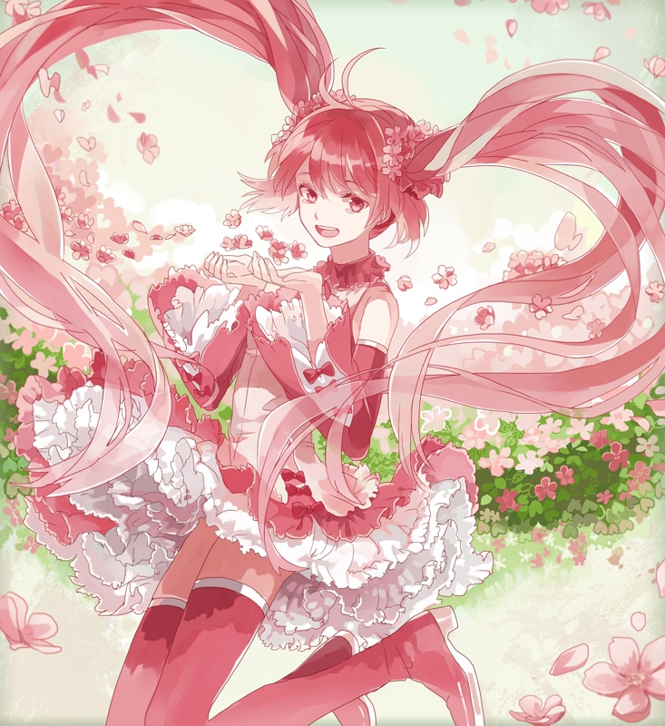 ahoge boots detached_sleeves floating_hair hatsune_miku kneeling long_hair michi_(iawei) open_mouth petals pink_eyes pink_footwear pink_hair sakura_miku skirt solo thigh_boots thighhighs twintails very_long_hair vocaloid