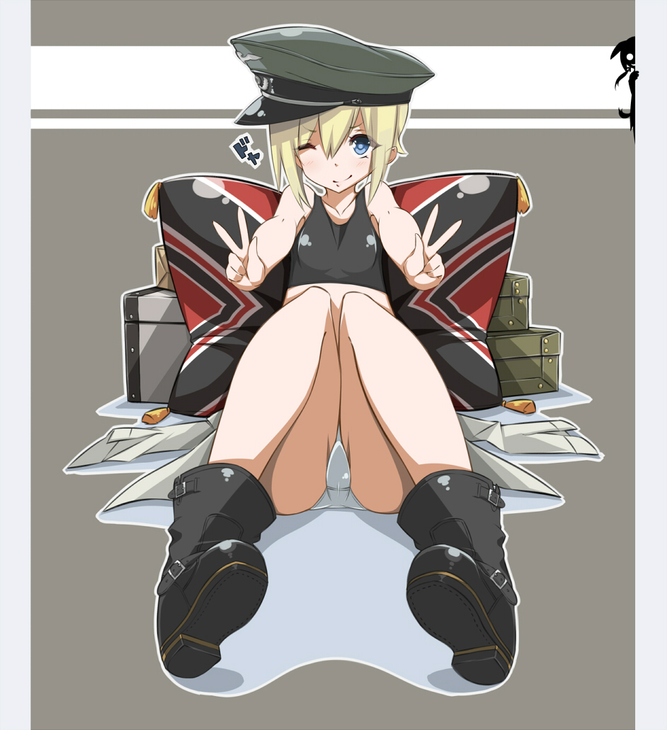 animal_ears bad_id bad_pixiv_id blonde_hair blue_eyes boots erica_hartmann gertrud_barkhorn hat long_hair multiple_girls one_eye_closed panties pillow shokuen_shiwe short_hair silhouette smile sports_bra strike_witches tail translated twintails underwear v world_witches_series