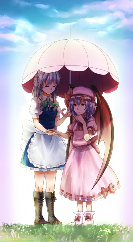 bad_id bad_pixiv_id bat_wings blue_hair boots braid closed_eyes cross-laced_footwear day dress grass hat holding holding_umbrella izayoi_sakuya lace-up_boots maid maid_headdress michimaru_(michi) multiple_girls outdoors red_eyes remilia_scarlet shared_umbrella short_hair silver_hair smile touhou twin_braids umbrella wings
