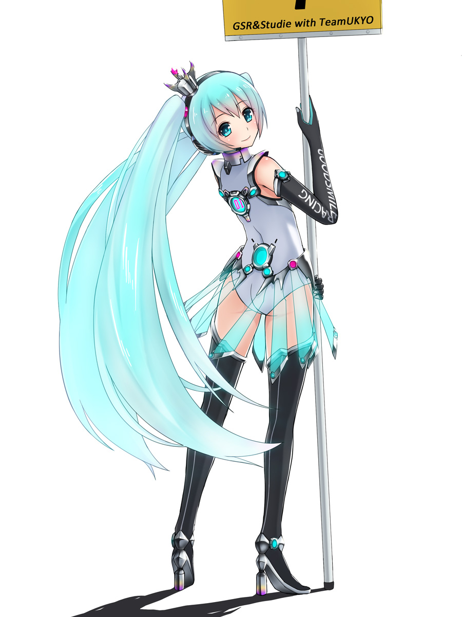 aqua_eyes aqua_hair blue_eyes blue_hair boots elbow_gloves from_behind full_body gloves goodsmile_company goodsmile_racing grapepop hatsune_miku high_heels highres leotard long_hair race_queen racing_miku racing_miku_(2013) shoes simple_background solo thigh_boots thighhighs twintails very_long_hair vocaloid white_background