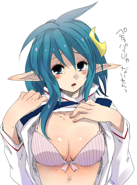 ahoge ass bad_id bad_pixiv_id blue_eyes blue_hair bra breasts cape crescent crescent_hair_ornament hair_ornament hairclip hidaka_ryou large_breasts looking_at_viewer open_mouth pointy_ears rena_lanford shirt_lift short_hair solo star_ocean star_ocean_the_second_story underwear