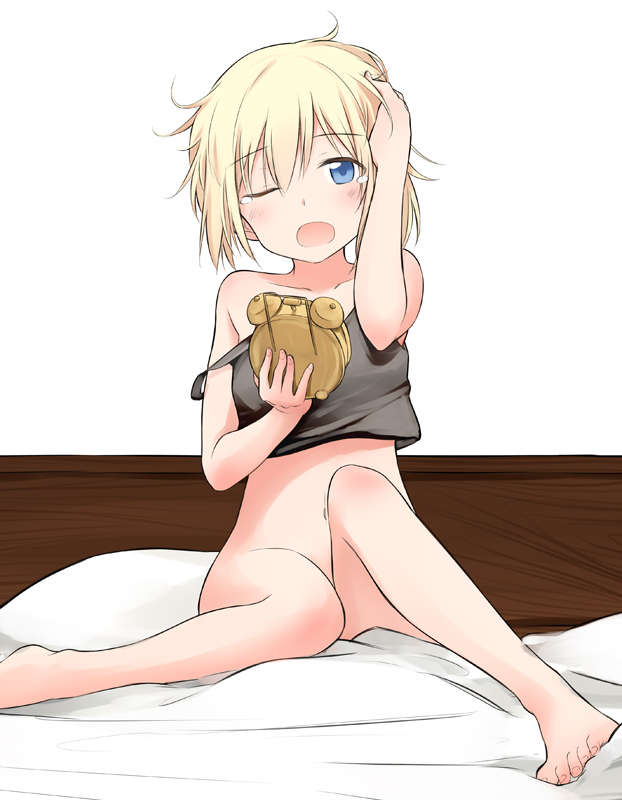 alarm_clock barefoot bed blonde_hair blue_eyes blush bottomless clock erica_hartmann messy_hair navel one_eye_closed open_mouth short_hair sitting solo strap_slip strike_witches tank_top tears tsuchii_(ramakifrau) world_witches_series yawning