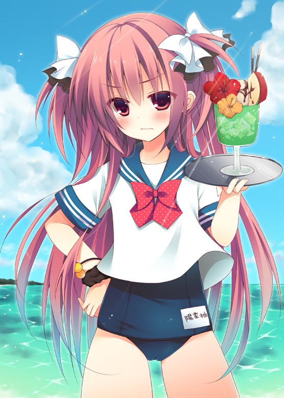 apple_slice bangs blush bow bowtie brown_eyes brown_hair cloud cowboy_shot day drink flower food hair_bow hand_on_hip hibiscus holding holding_tray izumiyuhina long_hair no_pants ocean one-piece_swimsuit original outdoors pocky polka_dot polka_dot_bow polka_dot_neckwear red_bow red_neckwear school_swimsuit school_uniform scrunchie serafuku short_sleeves sky solo sunlight swimsuit swimsuit_under_clothes tray tropical_drink tsurime two_side_up very_long_hair water white_bow wrist_scrunchie