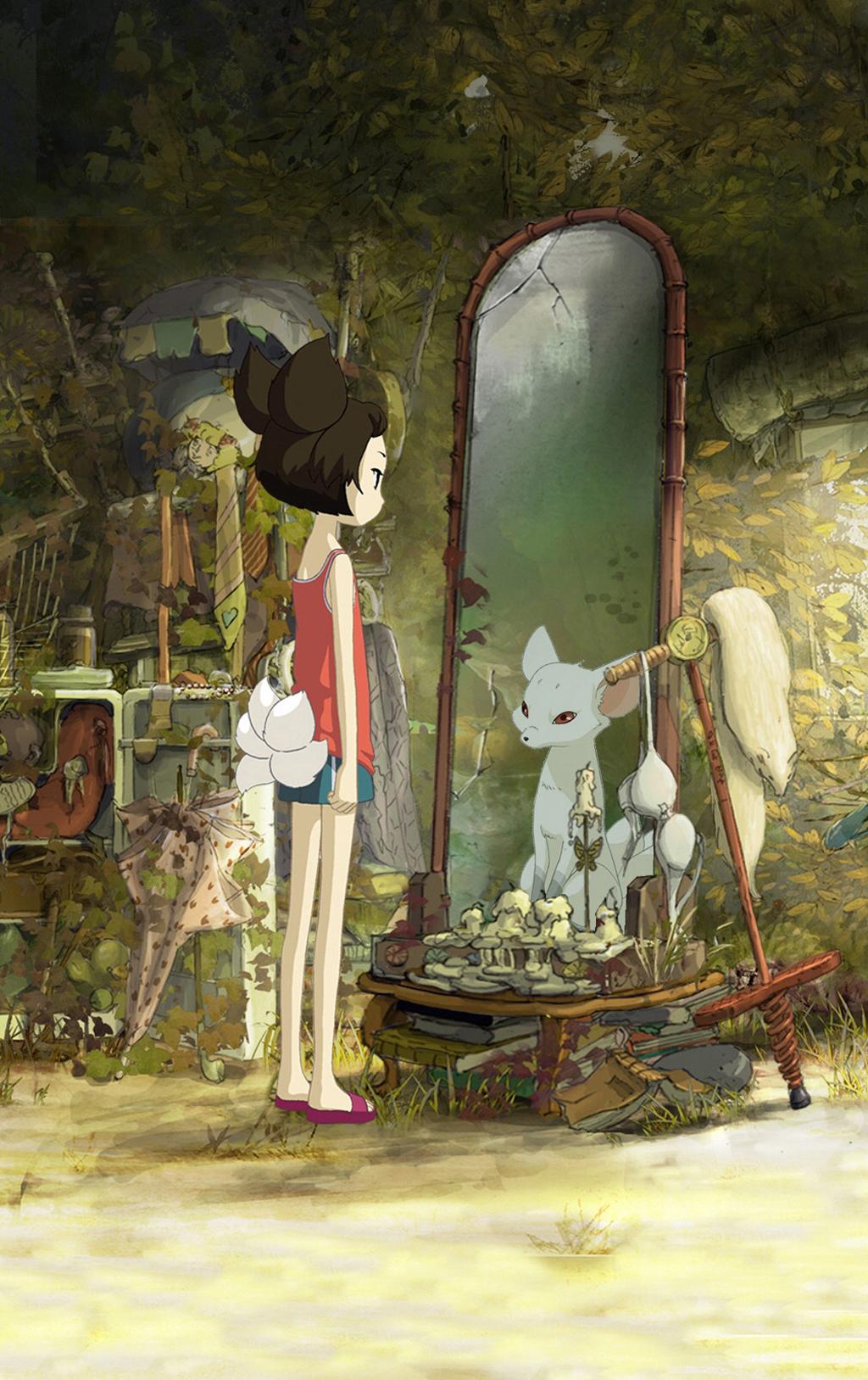 canine child clothed clothing detailed_background eye_contact female feral forest fox human inside long_shot mammal mirror multiple_tails pigtails red_eyes screencap shaded shorts sitting sleeveless_shirt standing tree unknown_artist yobi yobi_the_five_tailed_fox young