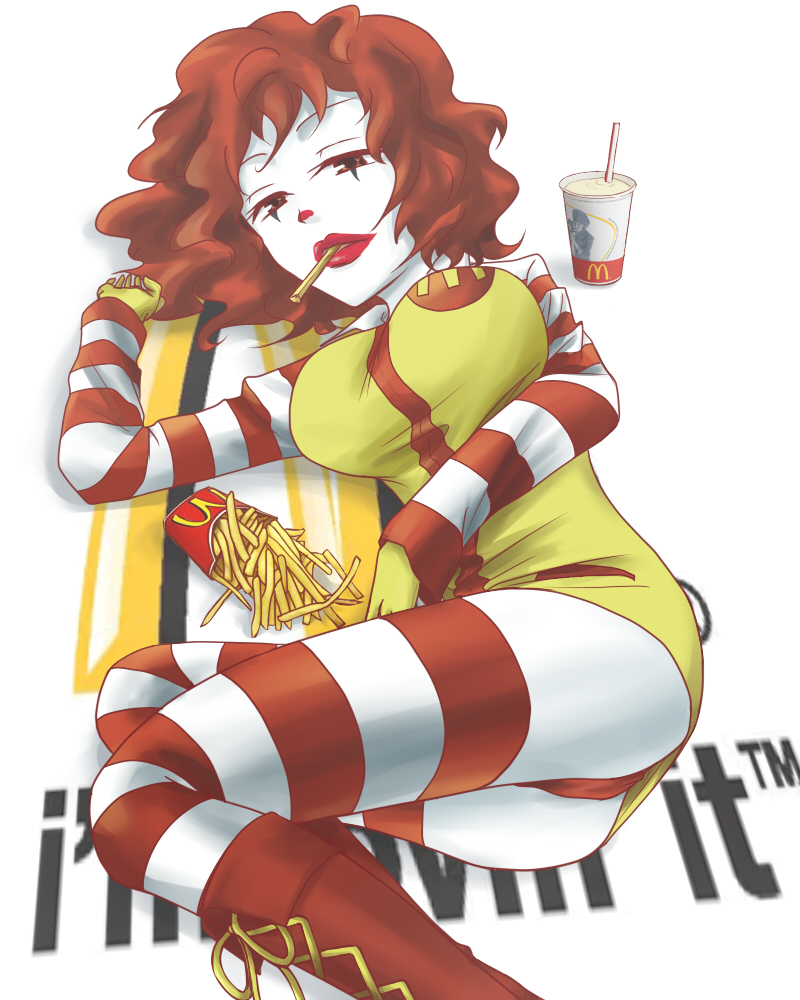 bad_id bad_pixiv_id breasts food french_fries genderswap genderswap_(mtf) large_breasts lipstick lying makeup mcdonald's mouth_hold on_side panties pantyshot pantyshot_(lying) red_hair red_panties ronald_mcdonald shikino solo striped striped_legwear striped_sleeves thighhighs underwear white_skin