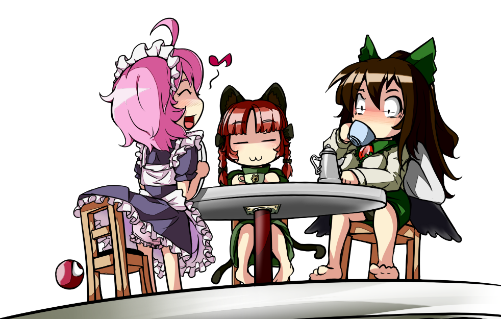 :3 ahoge alternate_costume animal_ears apron barefoot bloomers bow braid brown_hair cape cat_ears cat_tail chair closed_eyes coffee_pot cup dress drinking enmaided from_below hair_bow kaenbyou_rin komeiji_satori long_sleeves maid maid_headdress multiple_girls multiple_tails musical_note open_mouth pink_hair red_hair reiuji_utsuho short_hair simple_background sitting skirt skirt_lift sokutenkun table tail third_eye touhou tray twin_braids underwear waist_apron white_background wings