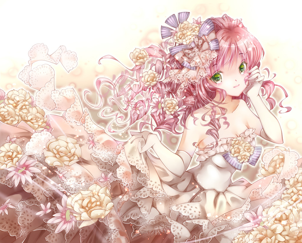 curly_hair dress flower gloves green_eyes hair_ribbon kasumi_miruchi original pink_hair ribbon smile solo