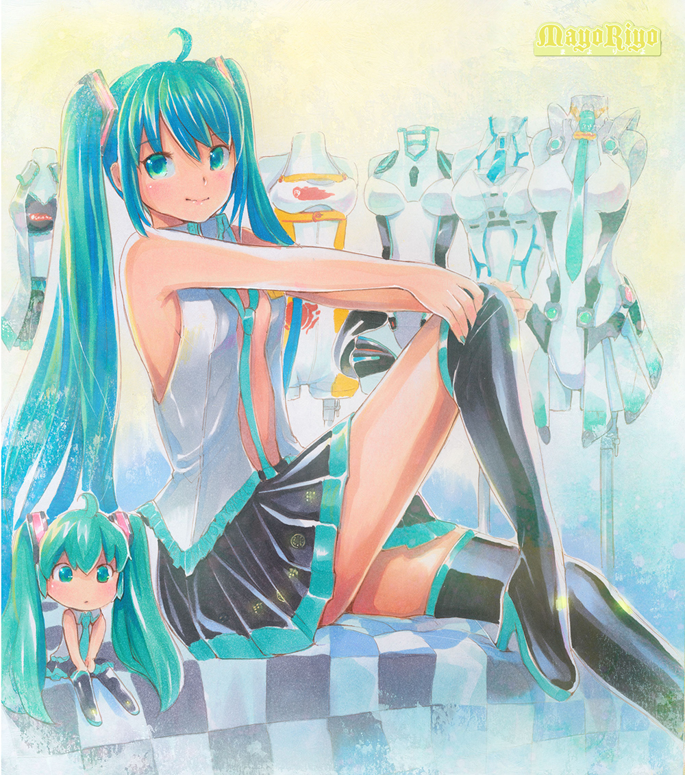 ahoge artist_name boots checkered chibi goodsmile_company green_eyes green_hair hatsune_miku high_heels long_hair mayo_riyo necktie open_clothes open_shirt shirt shoes sitting skirt thigh_boots thighhighs traditional_media twintails very_long_hair vocaloid
