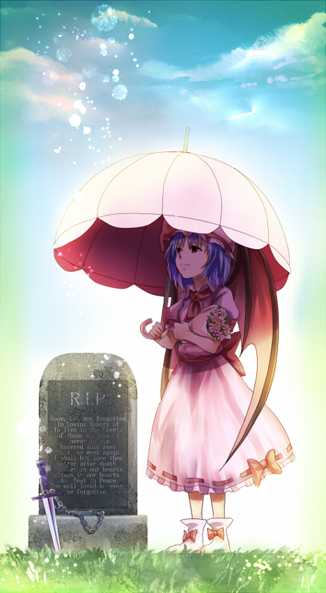 bad_id bad_pixiv_id bat_wings blue_hair bouquet chain dress english flower grass grave hat knife michimaru_(michi) red_eyes remilia_scarlet short_hair smile solo touhou umbrella wings