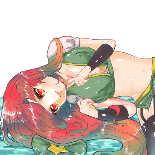 black_legwear breast_squeeze breasts cleavage hat hat_removed headwear_removed hong_meiling large_breasts long_hair lying midriff on_side partially_submerged red_eyes red_hair rog92 smile solo star thighhighs touhou