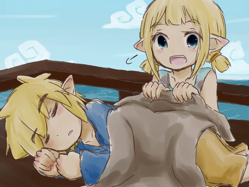 1boy 1girl aryll blanket blonde_hair blue_eyes brother_and_sister eyes_closed link low_twintails nintendo open_mouth pointy_ears railing siblings sky sleeping sunagimo_(nagimo) the_legend_of_zelda the_legend_of_zelda:_the_wind_waker twintails water wind_waker