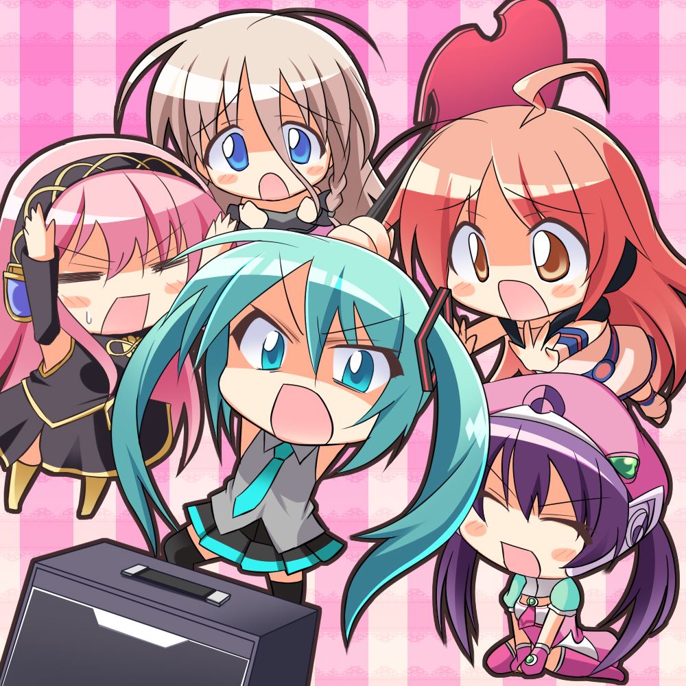 =_= ^_^ ahoge amplifier aria. arms_up bad_id bad_pixiv_id blue_eyes brown_hair chibi closed_eyes crowbar detached_sleeves gloves green_eyes green_hair guitar hat hatsune_miku ia_(vocaloid) instrument long_hair megurine_luka multiple_girls necktie open_mouth pink_hair purple_hair red_hair sf-a2_miki skirt striped striped_background thighhighs tone_rion twintails vertical-striped_background vertical_stripes very_long_hair vocaloid