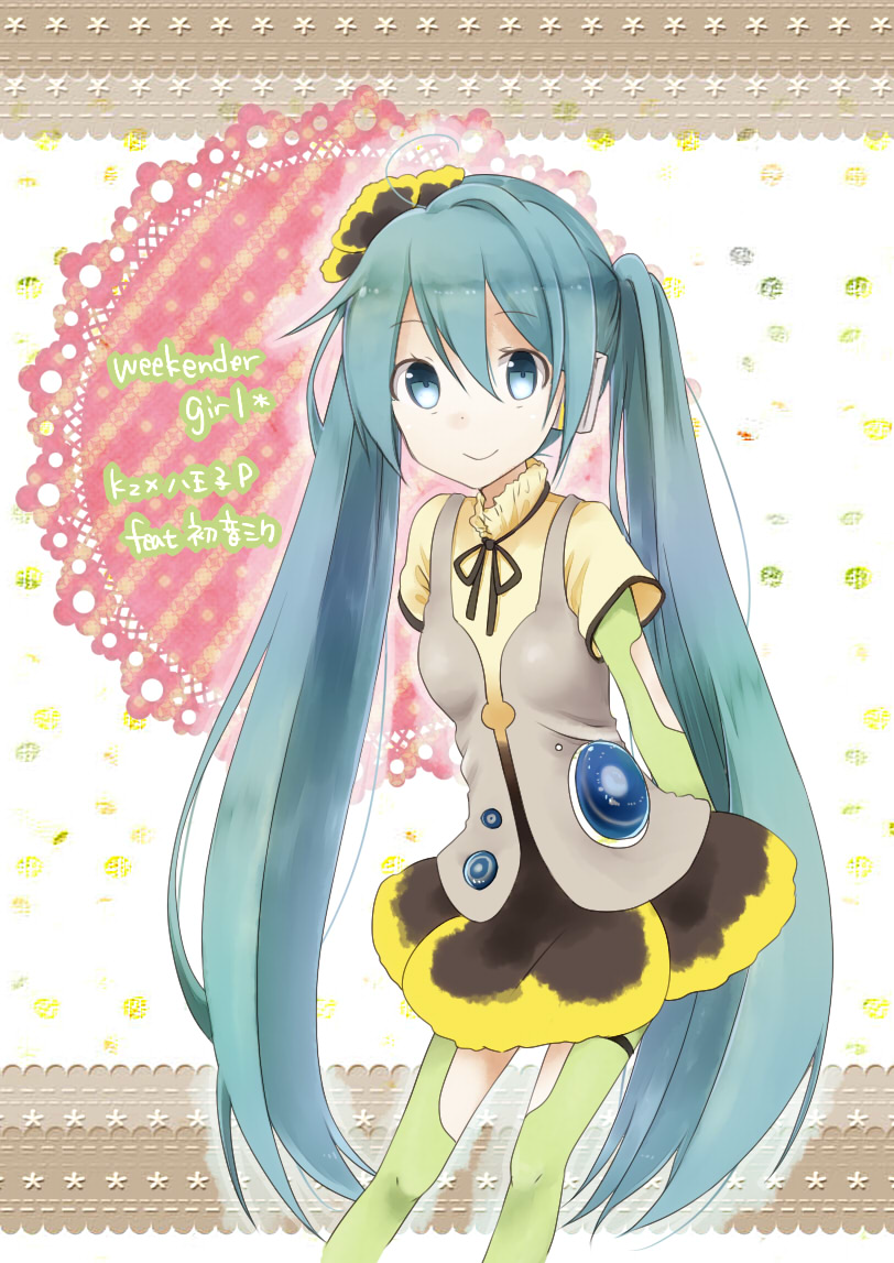 aqua_eyes aqua_hair bad_id bad_pixiv_id bow hair_ornament hatsune_miku long_hair project_diva_(series) project_diva_f short_sleeves skirt smile solo twinkledust twintails very_long_hair vocaloid weekender_girl_(vocaloid)