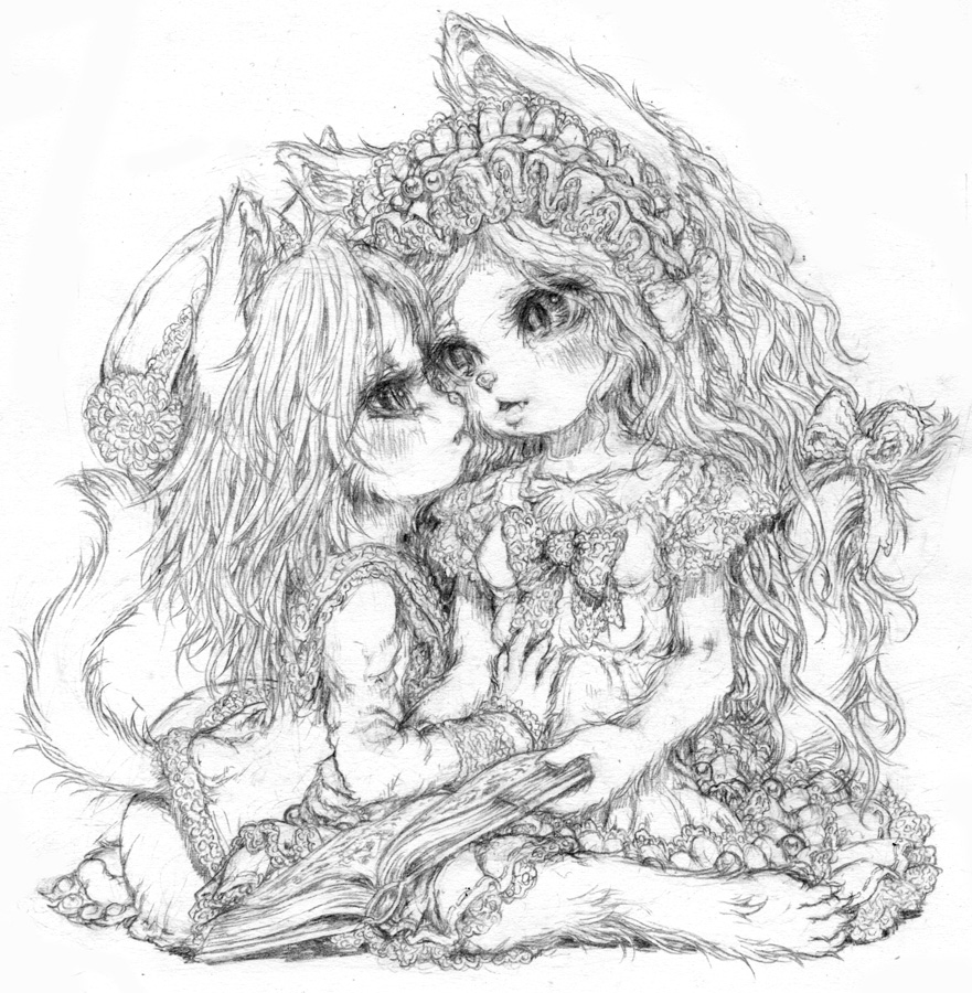 blush book cat_eyes chest_tuft clothed clothing couple duo eye_contact fangs feline female fur greyscale hair hand_on_stomach holding katzeh long_hair mammal monochrome plain_background ribbons sitting slit_pupils tail_bow tuft wavy_hair white_background