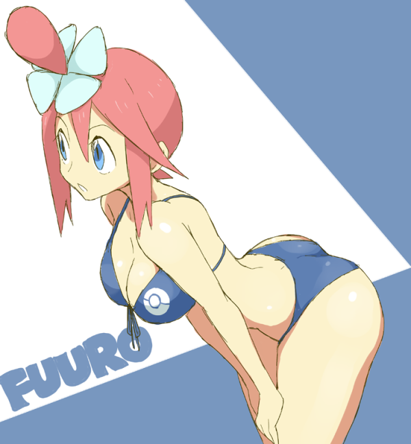 ass bare_shoulders bikini blue_bikini blue_eyes breasts character_name cleavage fuuro_(pokemon) hair_bun hands_on_own_knees large_breasts leaning_forward looking_away pokemon pokemon_(game) pokemon_bw red_hair short_hair solo souji swimsuit thighs