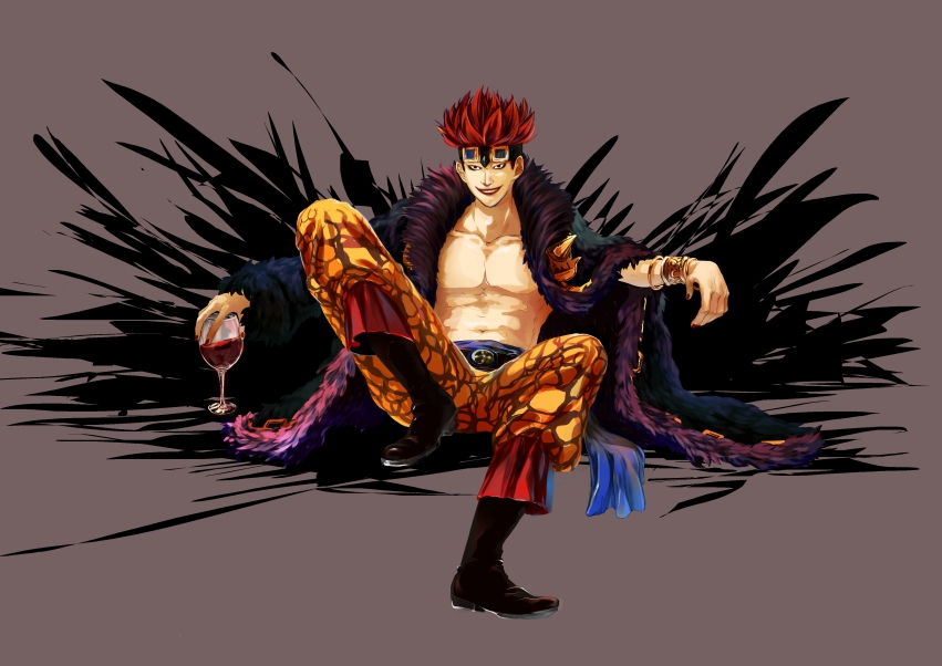 1boy boots cup eustass_captain_kid full_body fur_jacket male male_focus one_piece open_clothes red_hair sash simple_background sitting solo wine_glass