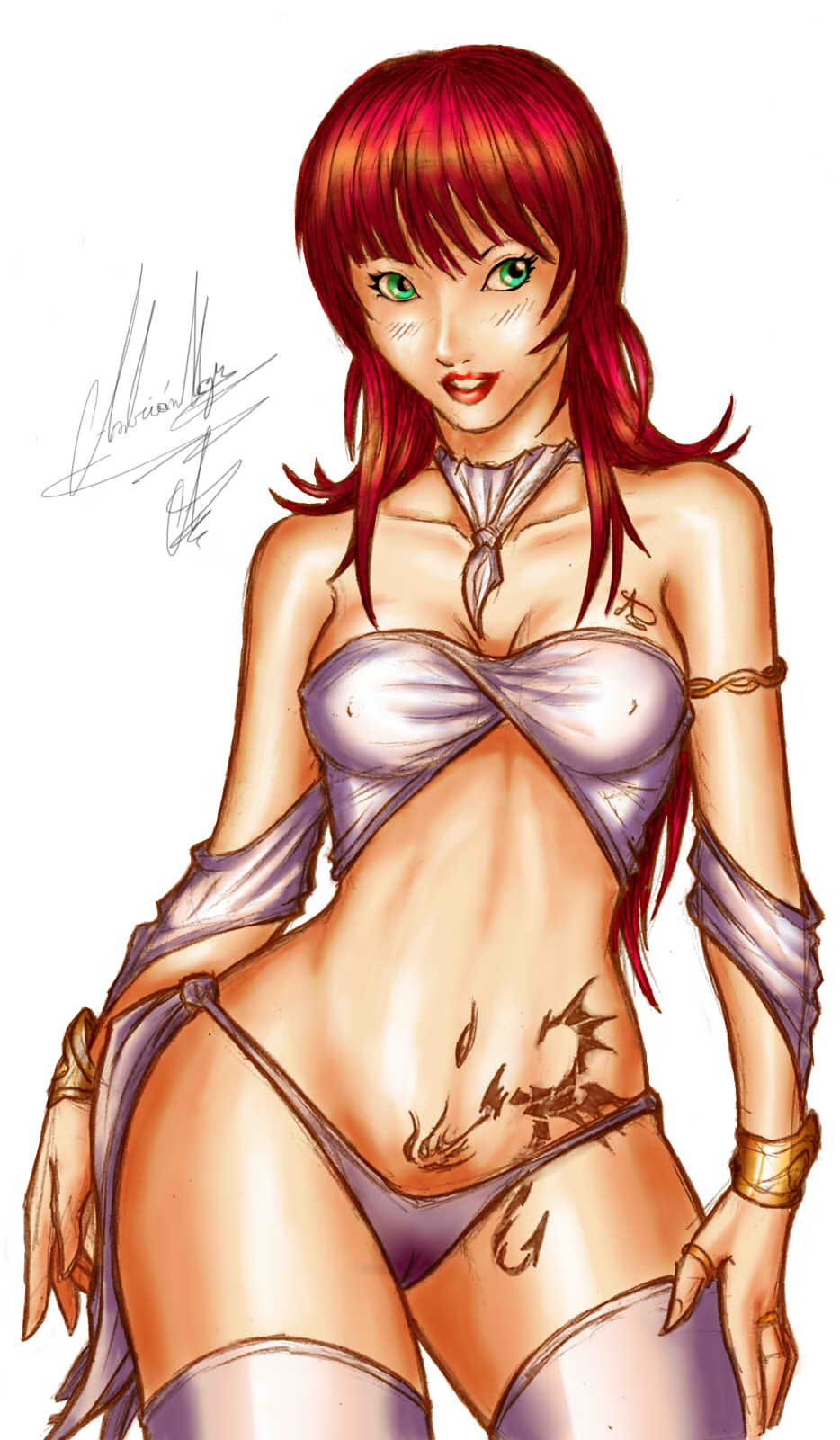 breasts camel_toe color dragon female green_eyes growingdragon growingdragon_(artist) hair human mammal nipples not_furry plain_background red_hair solo tattoo