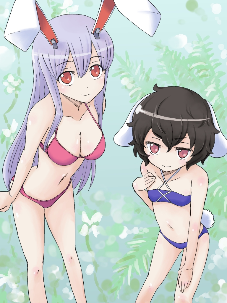 animal_ears bikini black_hair breasts bunny_ears bunny_tail flat_chest inaba_tewi jack_(wkm74959) long_hair medium_breasts multiple_girls navel purple_hair red_eyes reisen_udongein_inaba short_hair swimsuit tail touhou