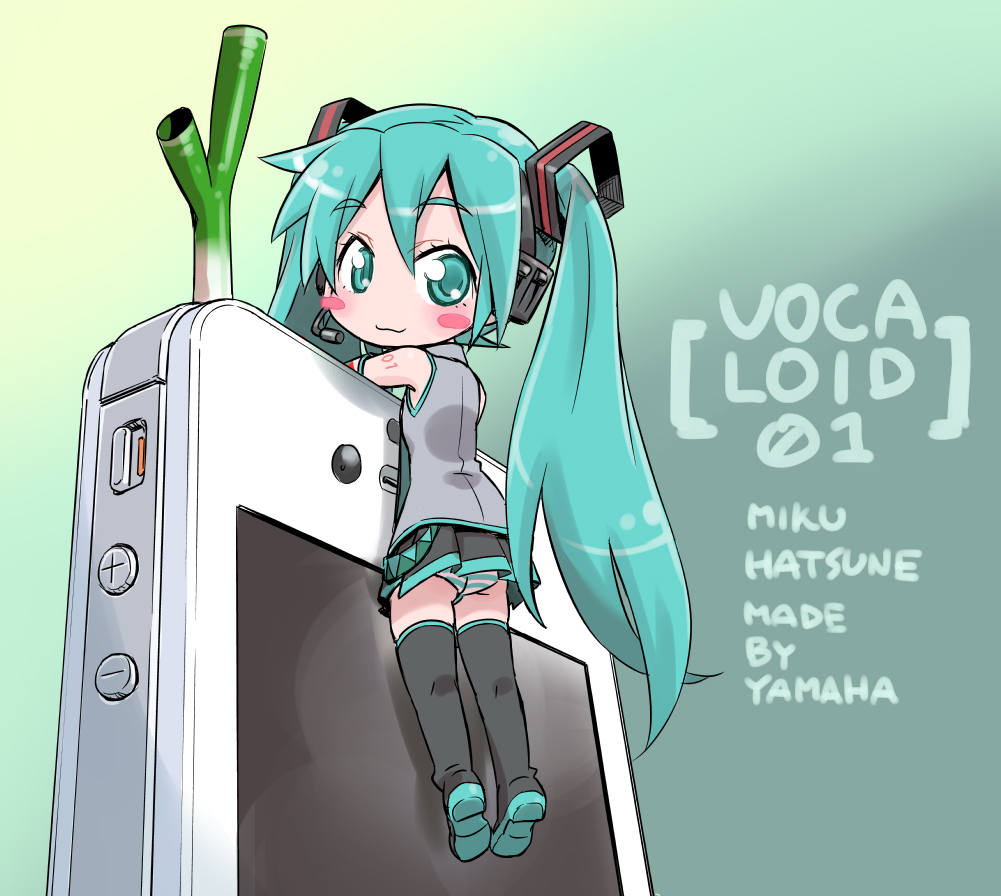 blush_stickers boots cellphone character_name green_eyes green_hair hatsune_miku headset iphone isedaichi_ken long_hair minigirl panties phone skirt smartphone solo spring_onion striped striped_panties thigh_boots thighhighs twintails underwear very_long_hair vocaloid