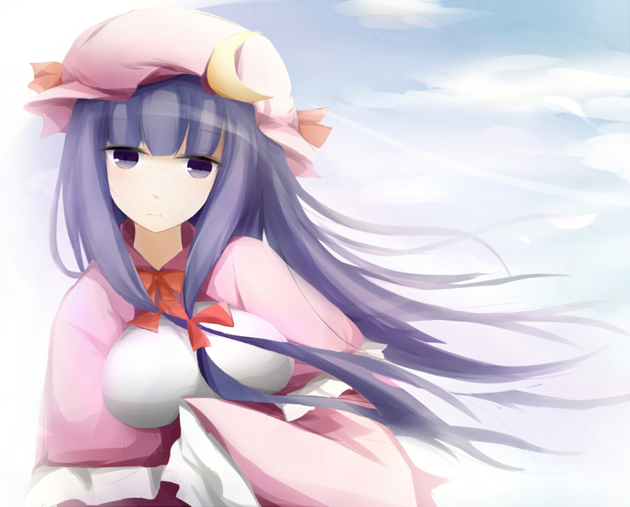 breasts cloud crescent expressionless finhi floating_hair hat large_breasts long_hair patchouli_knowledge purple_eyes purple_hair sky solo touhou wind