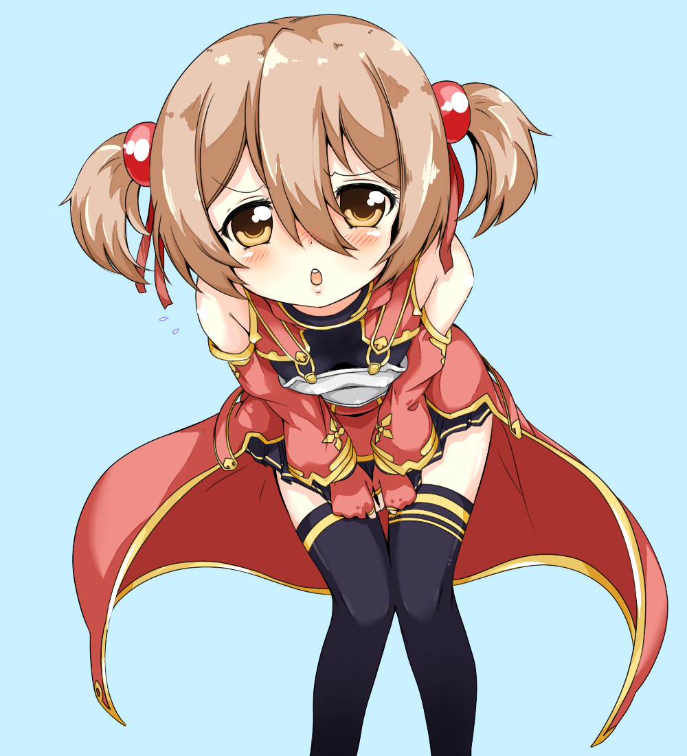 blush breastplate brown_hair cusozee fingerless_gloves gloves leaning_forward lips short_hair silica sword_art_online thighhighs twintails yellow_eyes