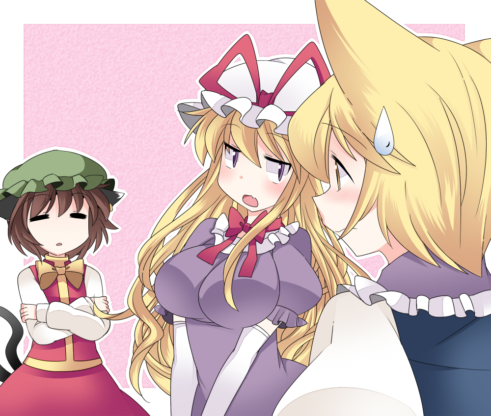 animal_ears blonde_hair blush breasts brown_hair cat_ears cat_tail chen choker commentary crossed_arms elbow_gloves fox_ears gloves hammer_(sunset_beach) jewelry large_breasts long_hair multiple_girls multiple_tails open_mouth purple_eyes ribbon_choker single_earring sweatdrop tail touhou v_arms white_gloves yakumo_ran yakumo_yukari yellow_eyes