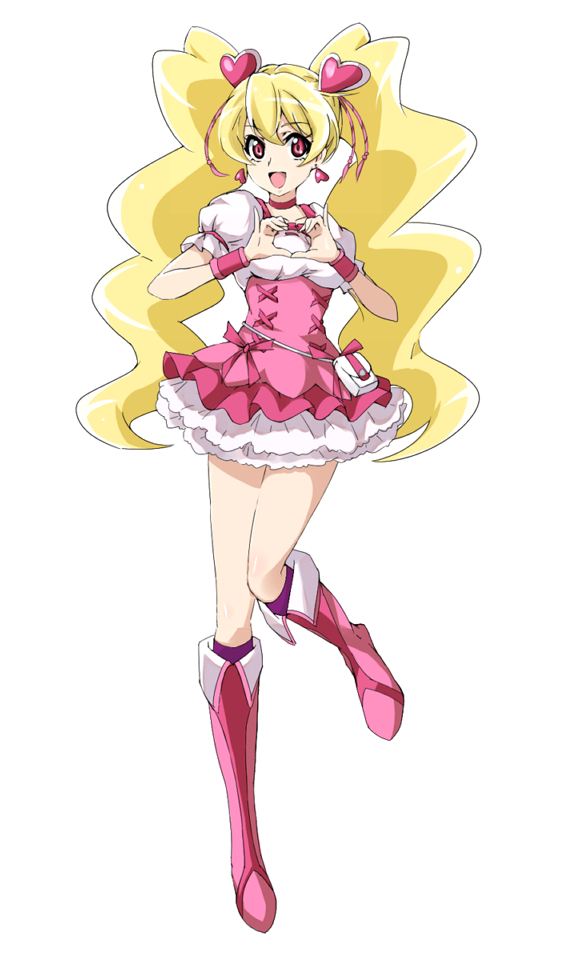 :d blonde_hair boots bow choker corset cure_peach earrings fresh_precure! frilled_skirt frills full_body hair_ornament hairpin heart heart_hair_ornament heart_hands jewelry knee_boots long_hair magical_girl momozono_love nanashishi one_eye_closed open_mouth pink_bow pink_choker pink_eyes pink_footwear precure simple_background skirt smile solo thigh_boots thighhighs twintails white_background wrist_cuffs