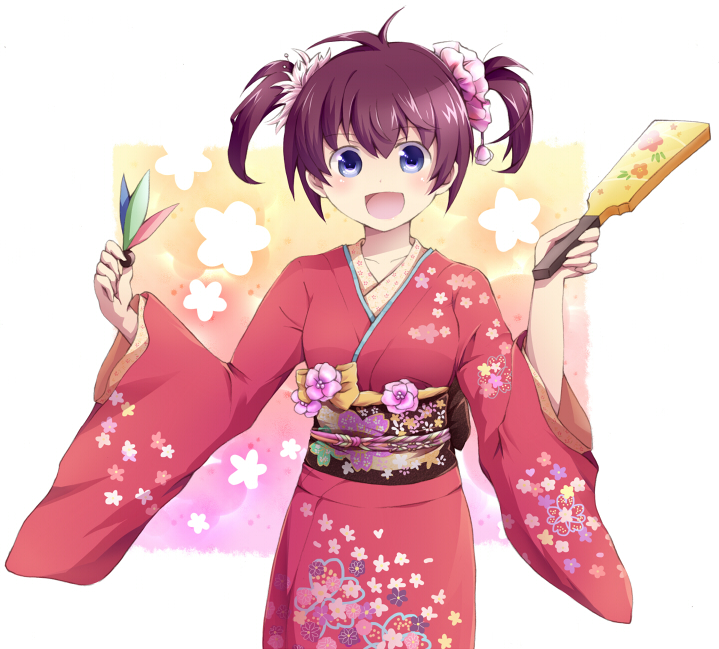 :d furisode hagoita hanetsuki japanese_clothes kimono looking_at_viewer new_year nyaa_(nnekoron) open_mouth original paddle short_hair simple_background smile solo white_background