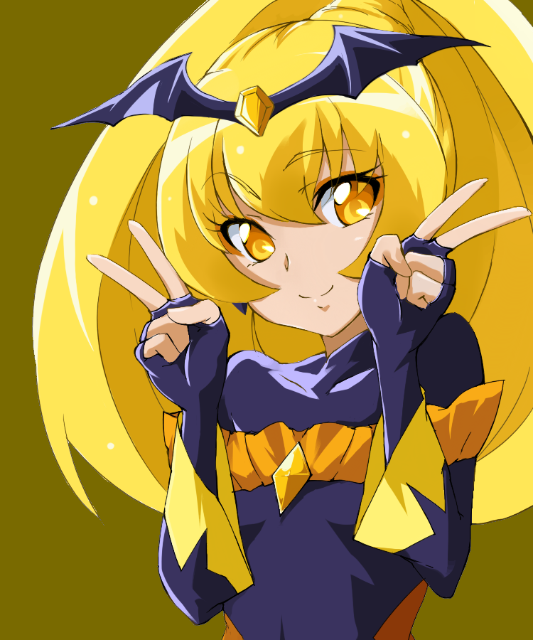 bad_end_peace bad_end_precure bat_wings black_bodysuit blonde_hair bodysuit covered_navel dark_persona double_v fingerless_gloves gloves long_hair nanashishi precure simple_background smile_precure! solo tiara v wings yellow yellow_background yellow_eyes