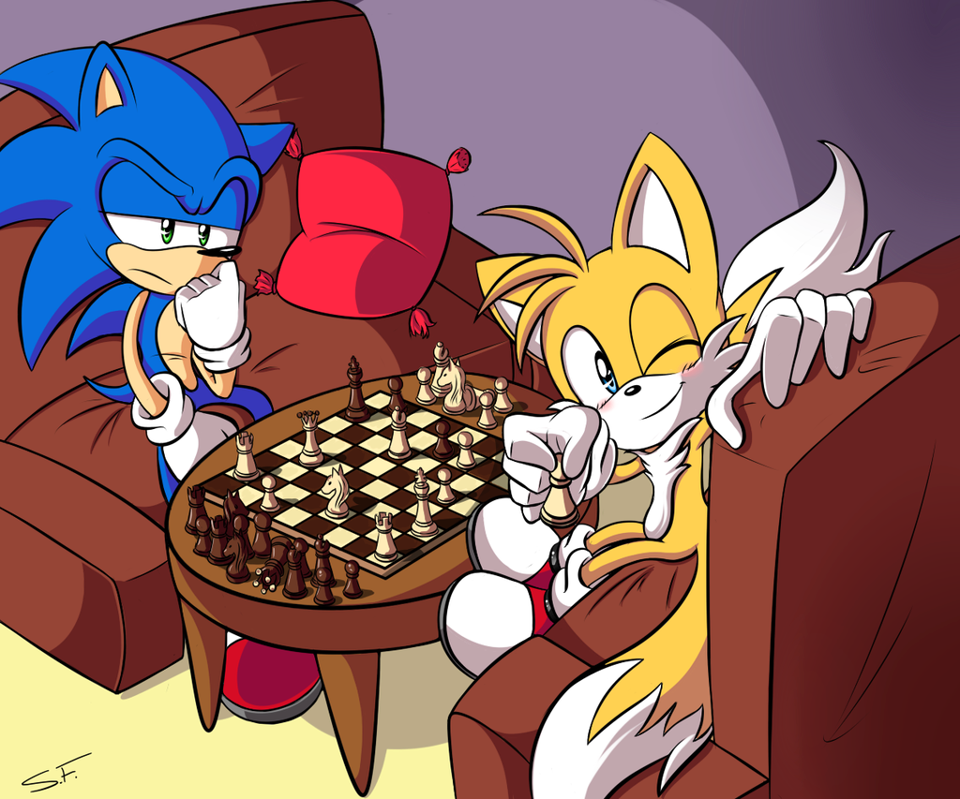 anthro blue_eyes blue_fur canine chess fox gloves green_eyes hand_on_face hedgehog miles_prower multiple_tails one_eye_closed sega shoes smile sonic_(series) sonic_the_hedgehog yellow_fur