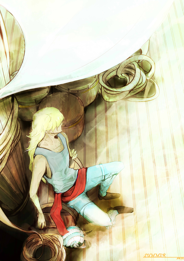 1boy blonde_hair from_above hair_over_eyes killer_(one_piece) long_hair male male_focus one_piece pirate sash ship sitting solo tank_top