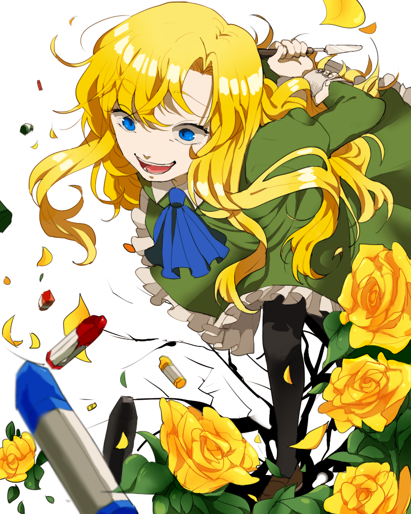 ascot bad_id bad_pixiv_id blonde_hair blue_eyes dress flower gom_(g_0) ib laughing long_hair mary_(ib) open_mouth palette_knife rose solo