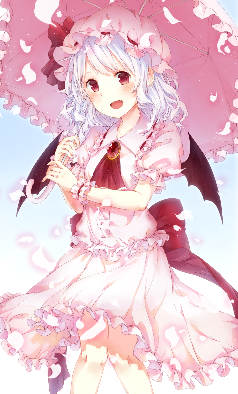 :d ascot bat_wings blue_hair blush brooch dress fang highres jewelry looking_at_viewer nonomiya_(817nono) open_mouth parasol petals pink_dress puffy_sleeves red_eyes remilia_scarlet sash short_hair smile solo touhou umbrella wings wrist_cuffs