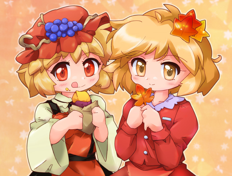 :q aki_minoriko aki_shizuha apron bad_id bad_pixiv_id blonde_hair blouse dress food food_on_face fruit gradient gradient_background grapes hair_ornament hat leaf leaf_hair_ornament looking_at_viewer maple_leaf multiple_girls red_eyes short_hair siblings sisters smile star sweet_potato tongue tongue_out touhou wide_sleeves yellow_eyes zipang_(zip@ng_works)