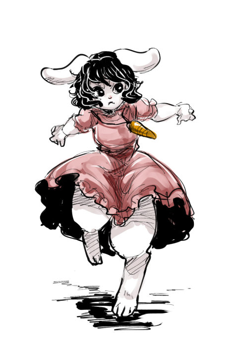 animal_ears black_eyes black_hair bunny bunny_ears carrot carrot_necklace dress full_body furrification furry inaba_tewi jewelry jumping kitayuki_kajika necklace outstretched_arms pendant pink_dress short_hair solo spread_arms touhou